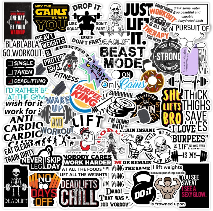Fitness Gym Stickers for Laptop, Diary, Guitar, Mobile Phone-Waterproof Self Adhesive Sticker (Pack of 50)