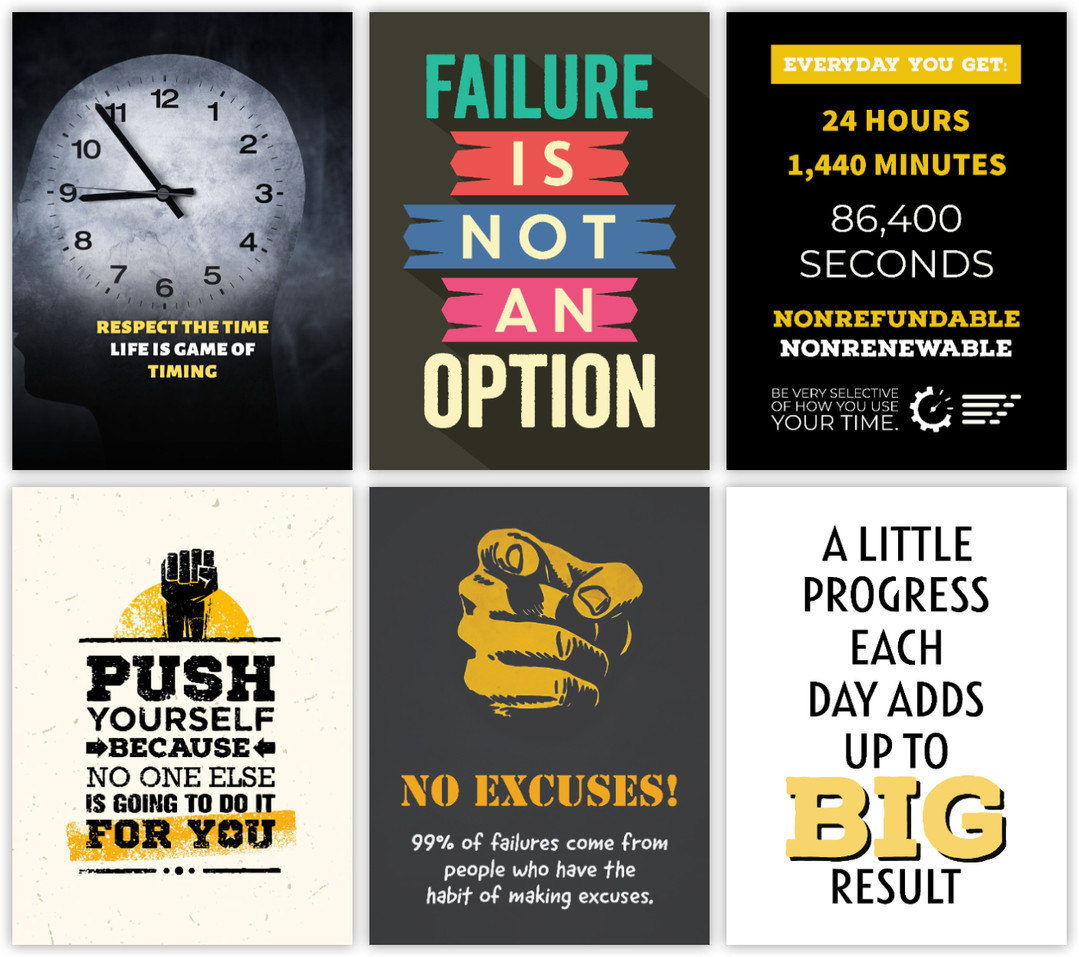 Pack of 6 Motivational Posters Inspirational Quote Posters for Wall Decoration Wall Art For Bedroom, Office, Living room, Dorm room (A4+ Size) Paper Print (12 inch X 9 inch, Rolled in Safety tube)
