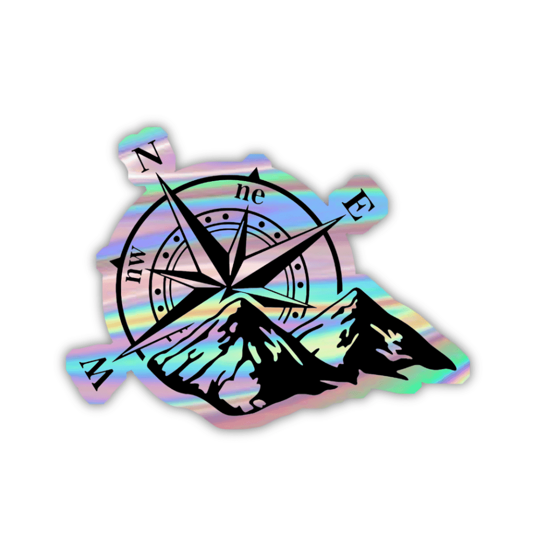 Highfive 3x3 inches Compass With Mountains Holographic Sticker self adhesive