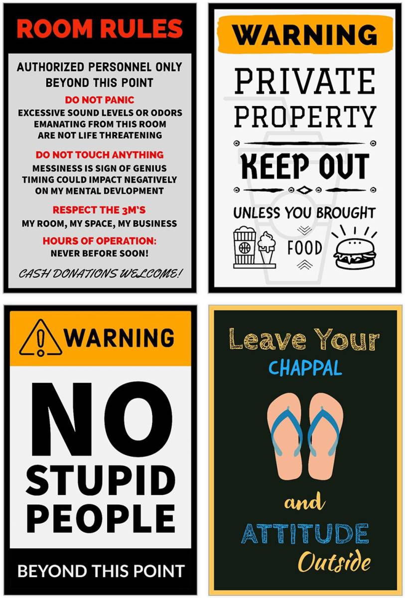Pack of 4 Funny Posters for Room, Office, Door, Wall Paper Print (18 inch X 12 inch, 300GSM Thick Paper, Laminated, Rolled in Safety tube)