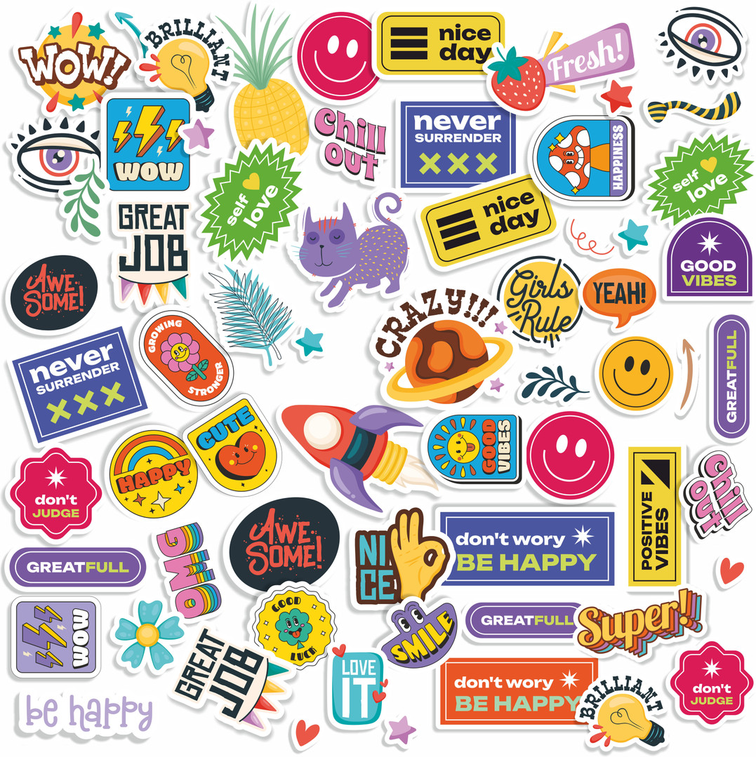 Highfive Vinyl Stickers for Laptop, Tablet, Smartphone, Bike, Scrapbook etc pack of 61pcs Residue Free, Water Proof Laptop Decal 15.5 self adhesive