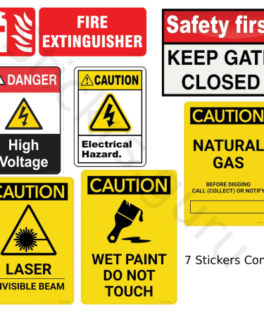 Highfive Fire Extinguisher,high Voltage, Electrical Hazard, laser invisible beam, Wet paint do not touch, Keep gate Closed, Natural gas Sign Board Sticker self adhesive combo