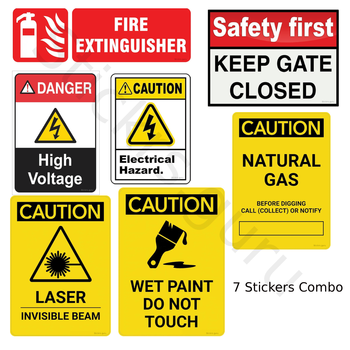 Highfive Fire Extinguisher,high Voltage, Electrical Hazard, laser invisible beam, Wet paint do not touch, Keep gate Closed, Natural gas Sign Board Sticker self adhesive combo