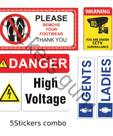 Highfive Please remove your footwear, Danger High Voltage, you are under cctv surveillance, Gents, Ladies Sign Board Sticker self adhesive combo