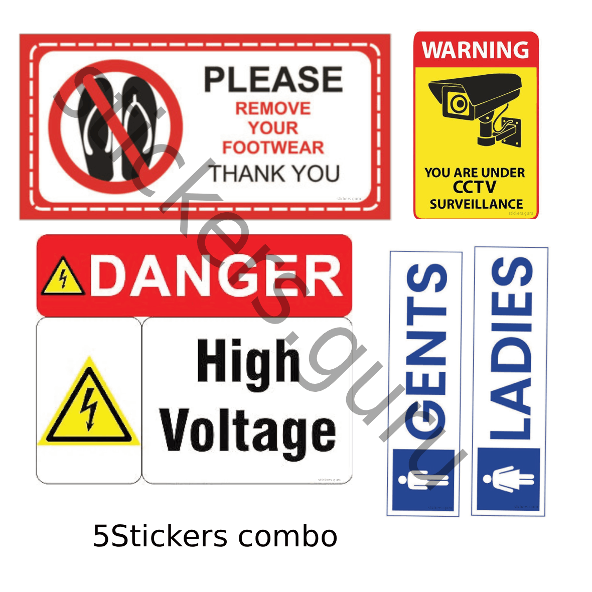 Highfive Please remove your footwear, Danger High Voltage, you are under cctv surveillance, Gents, Ladies Sign Board Sticker self adhesive combo