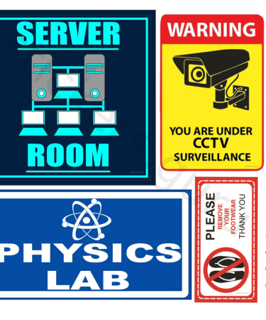 Highfive Server room, physics lab, you are under cctv, please remove your footwear Server room, physics lab, you are under cctv, please remove your footwear Sign Board Sticker self adhesive combo