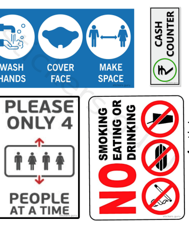 Highfive Wash hands, cover face, make space, please only 4, no smoking eating or drinking, cash counter Sign Board Sticker self adhesive combo