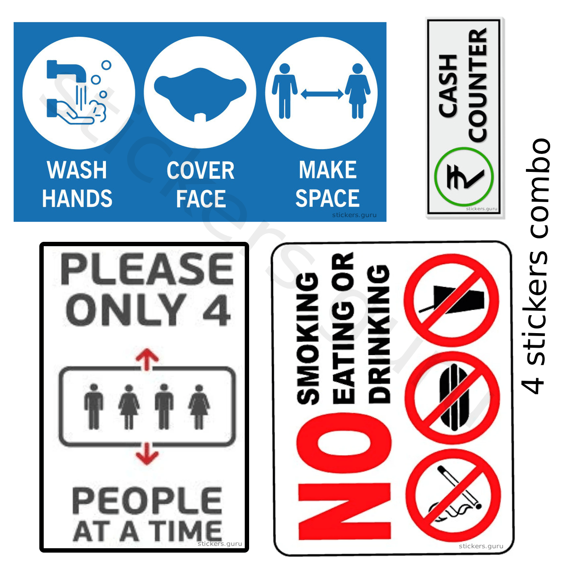 Highfive Wash hands, cover face, make space, please only 4, no smoking eating or drinking, cash counter Sign Board Sticker self adhesive combo