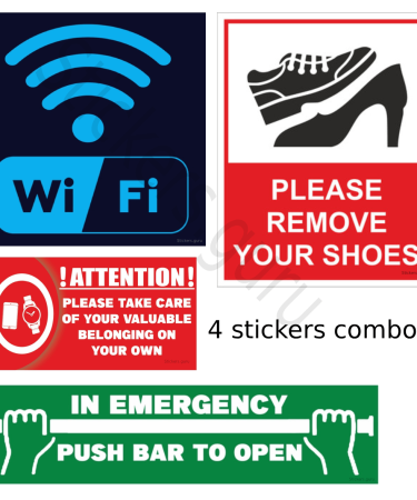 Highfive wifi, please take care of your valuable belonging on your own, please remove your shoes, in emergency pushber to open Sign Board Sticker self adhesive combo